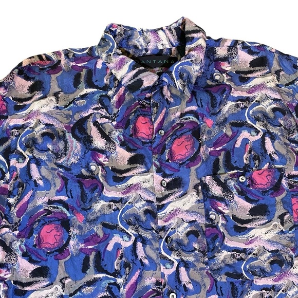 SANTANA Men's size XL 100% SILK Bright Swirl Patterned button up Shirt Vintage - Picture 3 of 7